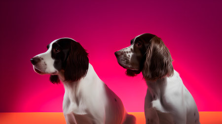 Two English Springer Spaniel dogs on a pink background. Studio shot.の素材