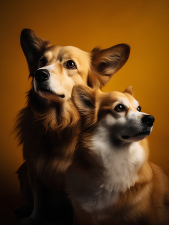 Corgi dog and Welsh corgi dog in studio on yellow backgroundの素材