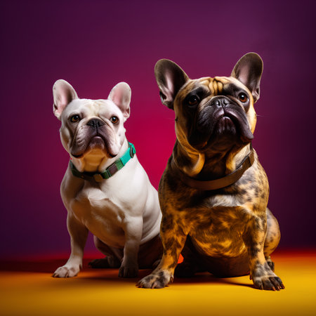 two french bulldog sitting and looking at the camera on purple backgroundの素材