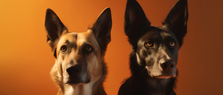 Studio portrait of two german shepherds on orange background.の素材