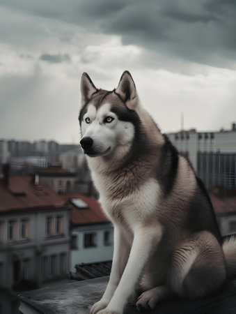 Siberian Husky dog sitting on a roof in the cityの素材