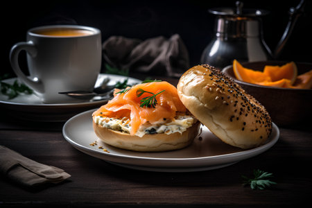 Sandwich with smoked salmon, cream cheese, dill and black coffeeの素材