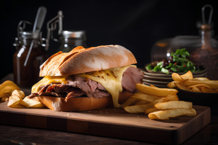 Cheese burger - American cheese burger with Golden French fries on wooden boardの素材