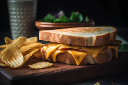Sandwich with cheese, ketchup and french fries on wooden boardの素材
