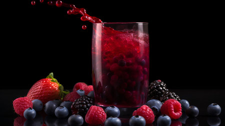 Glass of fresh berry juice on a black background with berries.の素材