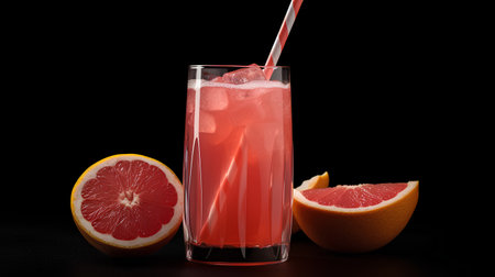Grapefruit juice in a glass on a black background with grapefruits.の素材