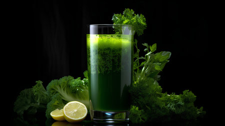 Glass of fresh vegetable juice with parsley, lemons and greens on black backgroundの素材