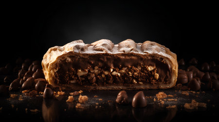 Chocolate cake with nuts and chocolate chips on a black background.の素材