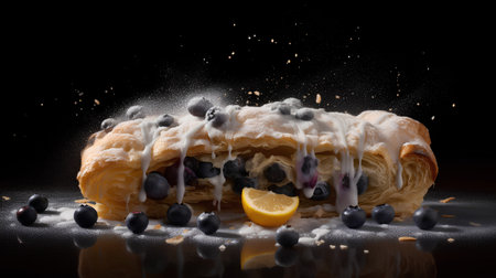 Cake with blueberries and lemon on a black background with splashesの素材