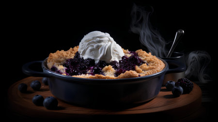Blueberry crumble with ice cream in a baking dish on a black backgroundの素材