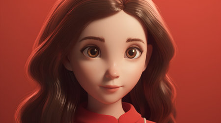 3d rendering of a girl with long brown hair on a red backgroundの素材