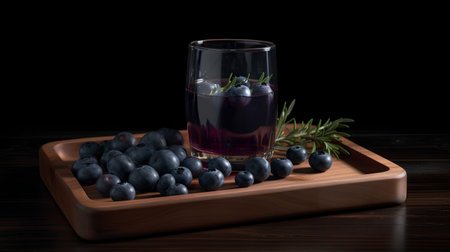 Blueberry drink in a glass with fresh berries on a wooden backgroundの素材