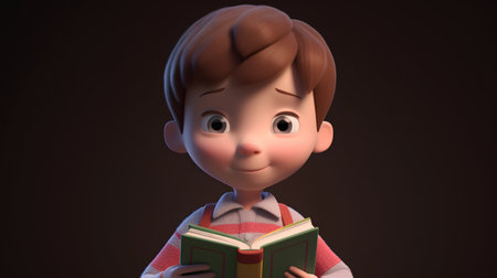 Boy reading a book. 3D illustration. Cartoon character. Education concept.の素材