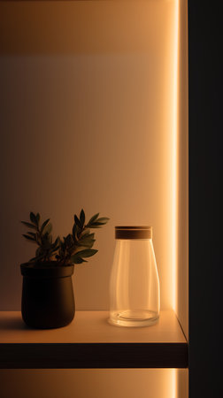 Empty glass jar and green plant on shelf in dark room. 3d renderingの素材