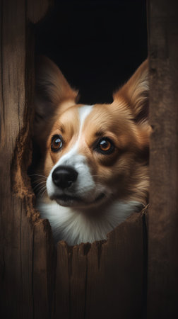 Welsh corgi dog peeking out of a hole in a wooden wallの素材