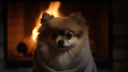 Pomeranian dog wrapped in a warm scarf in front of a fireplaceの素材