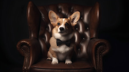 Cute welsh corgi dog with bow tie sitting on leather chairの素材