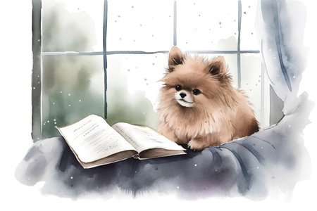 Cute pomeranian dog reading a book. Watercolor illustrationの素材