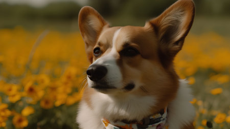 Welsh Corgi Pembroke in a field of poppiesの素材
