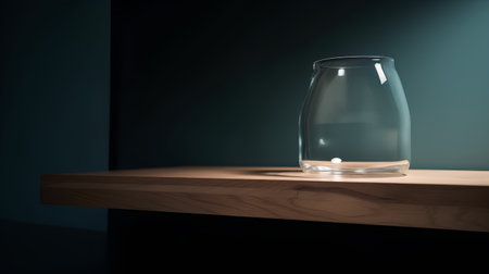 Empty glass vase on wooden shelf in dark room. 3d renderの素材