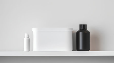 Blank cosmetic container mockup, 3d rendering. Empty white shelf with black bottle and spray bottleの素材