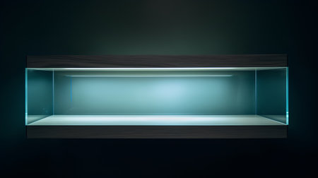 Empty glass showcase on dark background. 3d rendering. Mock up.の素材