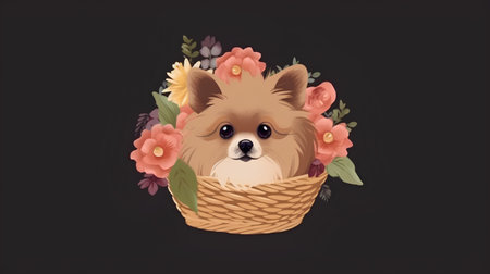Pomeranian dog in a basket with flowers. Vector illustration.の素材
