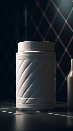 3D rendering of a white plastic bottle on a dark background.の素材