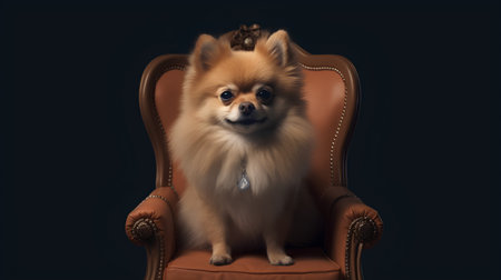 Pomeranian dog sitting in an armchair. 3d renderingの素材