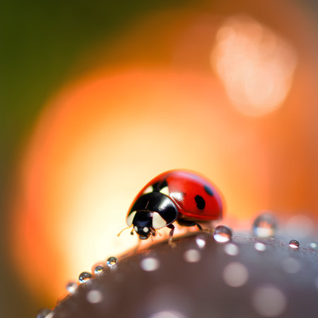 ladybug on the grass with dew drops macro close upの素材