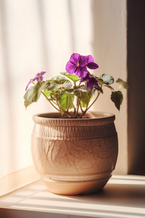 Violets in a vase on the windowsill. Selective focus.の素材