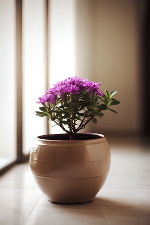 Beautiful purple flowers in a pot on the windowsill. Selective focus.の素材