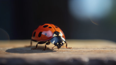 Beautiful photo of red ladybug walking on a wooden surface.の素材