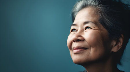 Portrait of a happy senior asian woman smiling on blue backgroundの素材