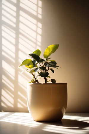 Ficus in a pot on a background of a window with sunlightの素材