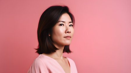 Portrait of a beautiful young asian woman on pink background.の素材