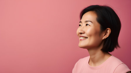 Portrait of a happy asian woman looking up over pink backgroundの素材