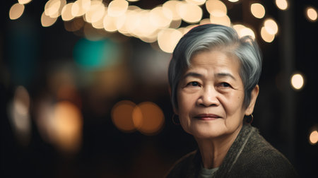 Portrait of asian senior woman with bokeh background.の素材