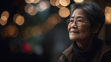Portrait of senior asian woman with eyeglasses and bokeh backgroundの素材