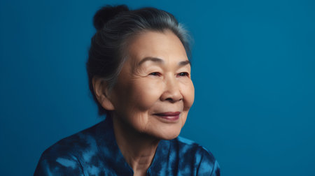 Portrait of a happy senior asian woman on blue background.の素材