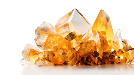 Natural amber crystals. Isolated on white background. Studio shot.の素材