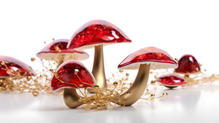 Red mushrooms with gold chain on a white background. 3d illustrationの素材