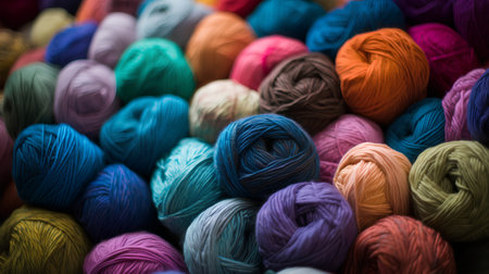 Multicolored skeins of yarn for knitting as a background. Selective focus.の素材