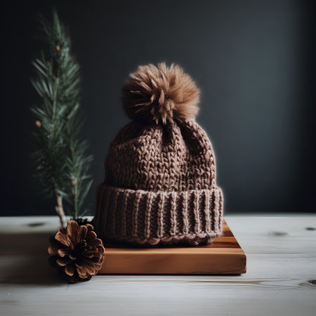 Warm knitted hat with pompon on a wooden background.の素材