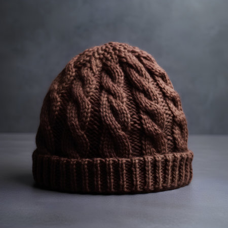 Woolen knitted hat on a gray background. Toned.の素材