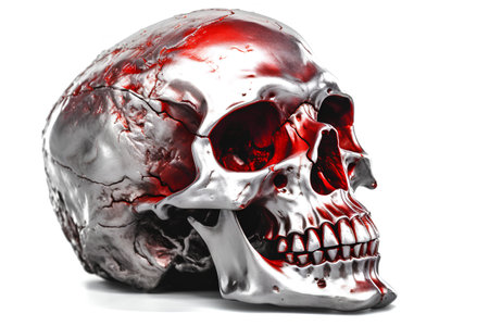 Human skull with blood on a white background. 3d illustration.の素材