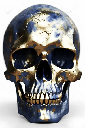 3d render of a human skull with gold and blue background.の素材