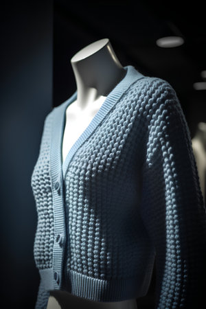 Blue woolen sweater on a mannequin in a shop windowの素材