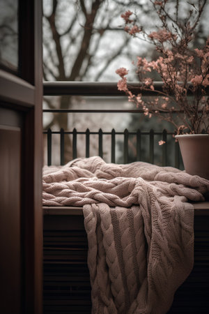 Cozy balcony with knitted plaid on the terrace.の素材