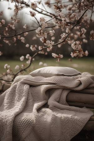 Cherry blossoms and knitted clothes on a bench in the parkの素材